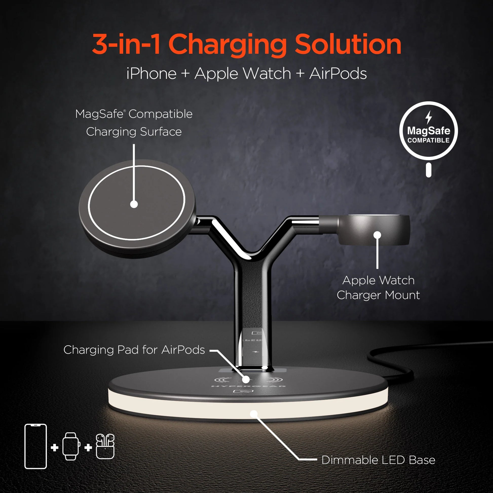 Hypergear Maxcharge 3-In-1 Magsafe Wireless Charging Stand for Phones (15515-HYP)