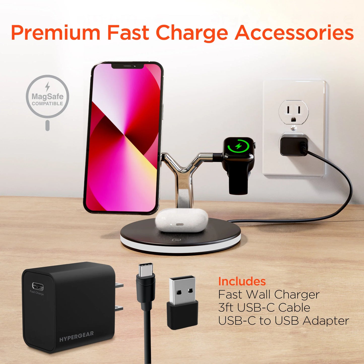 Hypergear Maxcharge 3-In-1 Magsafe Wireless Charging Stand for Phones (15515-HYP)